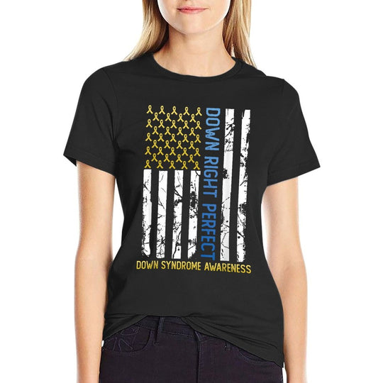 Down Right Perfect Yellow  Blue American Down Syndrome  Summer-ready Fabric T-Shirt