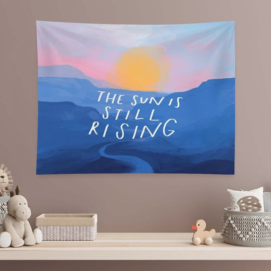 The Sun Is Still Rising - Inspirational Quote And Abstract Blue Mountain Sunrise Landscape - Painted by Morgan Harper Nichols Tapestry