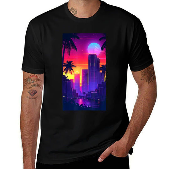 Futuristic Cityscape Twilight Cyberpunk  Rolled Sleeves T-Shirt
