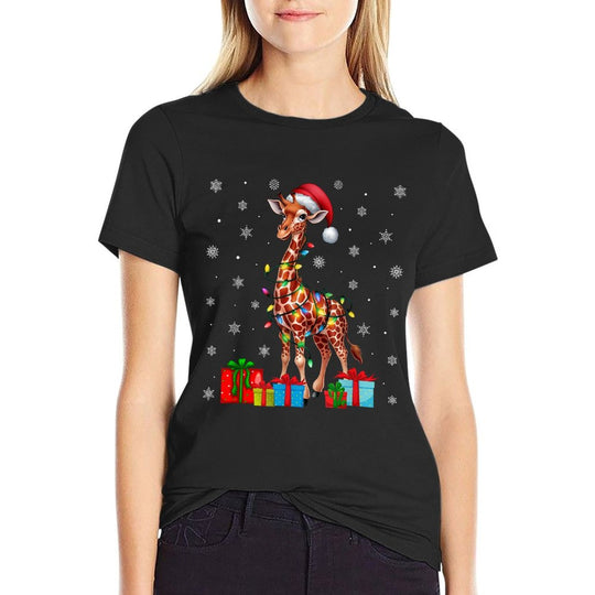 Giraffe Ugly Xmas Lights Santa Hat Giraffe Christmas  Slim-fit Cut T-Shirt