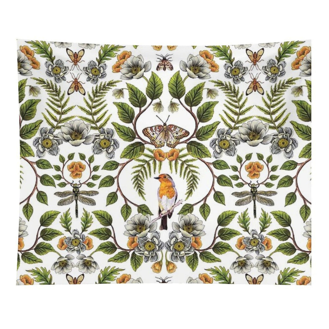 Spring Reflection - FloralBotanical Pattern W Birds, Moths, Dragonflies & Flowers Tapestry