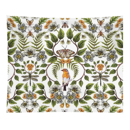 Spring Reflection - FloralBotanical Pattern W Birds, Moths, Dragonflies & Flowers Tapestry