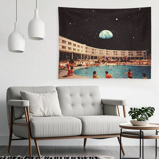 Lunar Pool Life - Retro-Futuristic Holiday Resort, Science Fiction Collage Tapestry