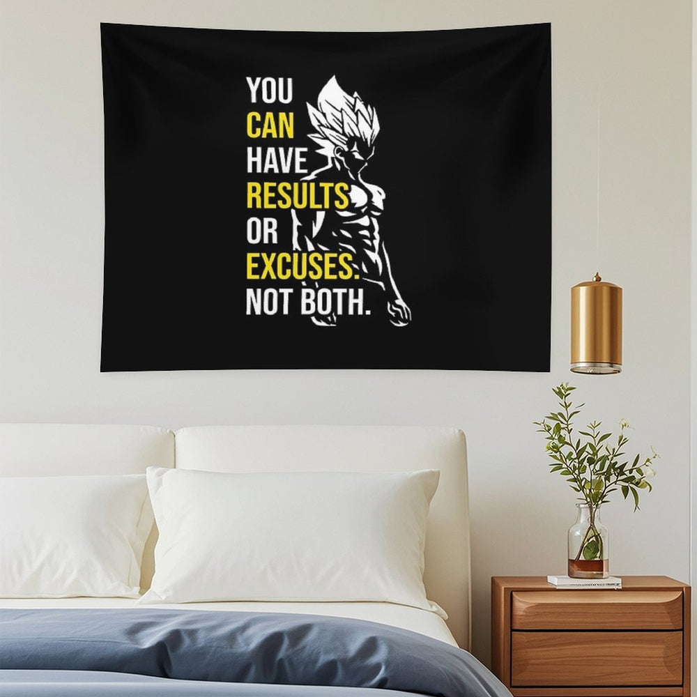 Results Vs Excuses - Vegeta Gym Motivational Tapestry