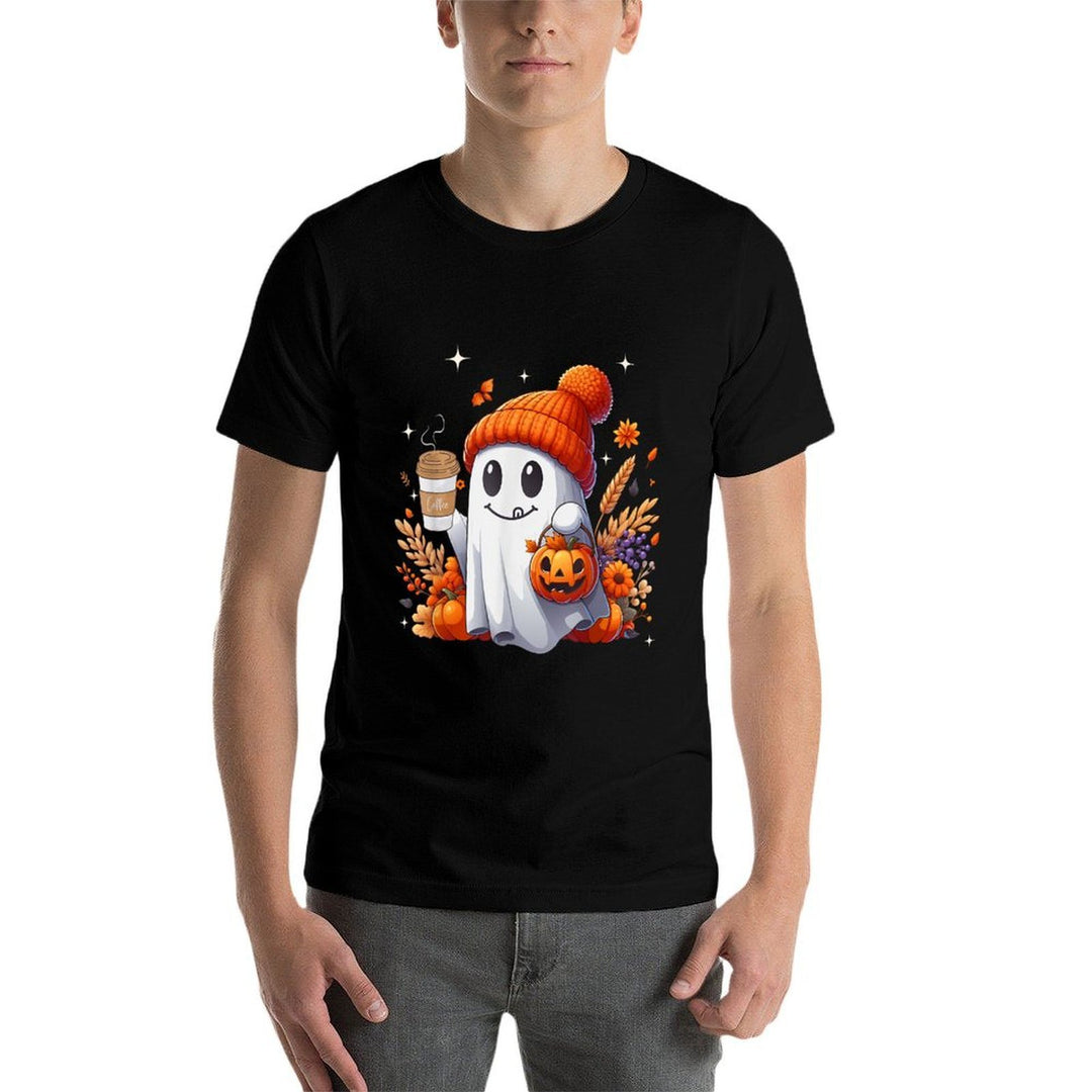 Men Women Autumn Cute Ghost Drinking Coffee Spooky Halloween  Moisture-wicking T-Shirt