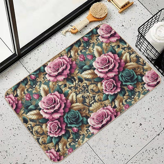 Dark Pink & Teal Baroque Roses  Toxin-Free Bath Mat