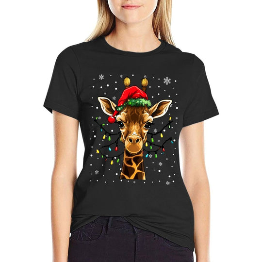 Cute Giraffe Christmas Lights Santa Hat Xmas Pajama  Heathered Texture T-Shirt