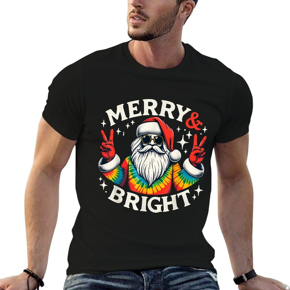 Vintage Retro Merry And Bright Hippie Santa Peace Christmas  Tagless Design T-Shirt