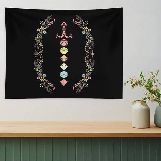 Floral Polyhedral Dice Set Sword Tapestry
