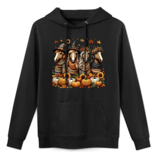 Fall Horse Thanksgiving Fall Leaves Western Horses - Unisex-Adult, Black, Small,, Classic Fit, Western, Holiday, Cartoon, Autumn Medium-Weight Fabric Hoodie