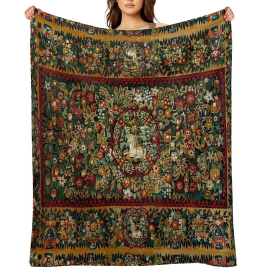 Medieval Unicorn Floral Tapestry Compact Throw Blanket