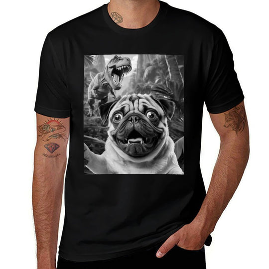 Vintage Pug Funny Dog Pug Selfie With T-Rex Dinosaur  Odor-resistant T-Shirt