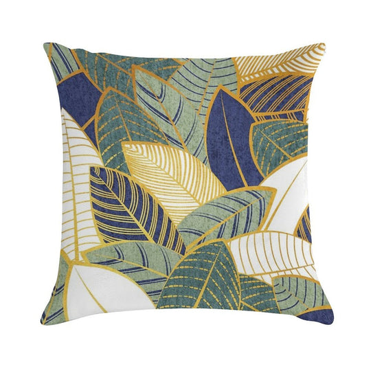 Leaf Wall  Navy Blue Pine And Sage Green Leaves Golden Lines Soft Easy Maintenance Throw Pillow