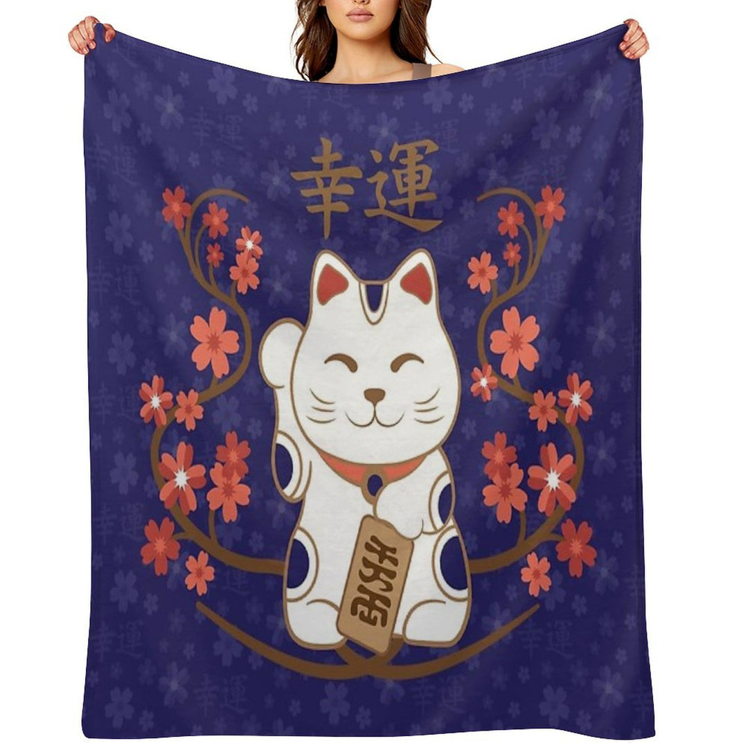 Maneki-neko Cat with Good Luck Kanji Comfort Throw Blanket