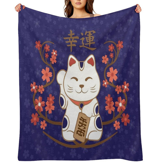 Maneki-neko Cat with Good Luck Kanji Comfort Throw Blanket