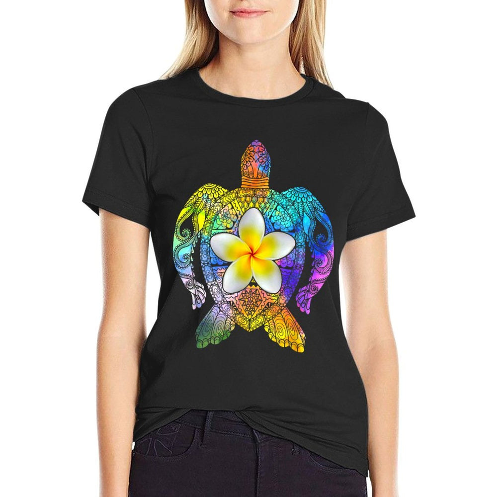 Sea Turtle Colorful Tribal Hawaiian Turtles Plumeria Flower  Vintage-inspired T-Shirt