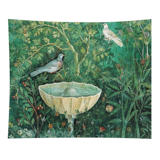 POMPEII COLLECTION,LITTLE BIRDS,DOVES AND FOUNTAIN  IN GARDEN ,GREEN FLORAL Tapestry