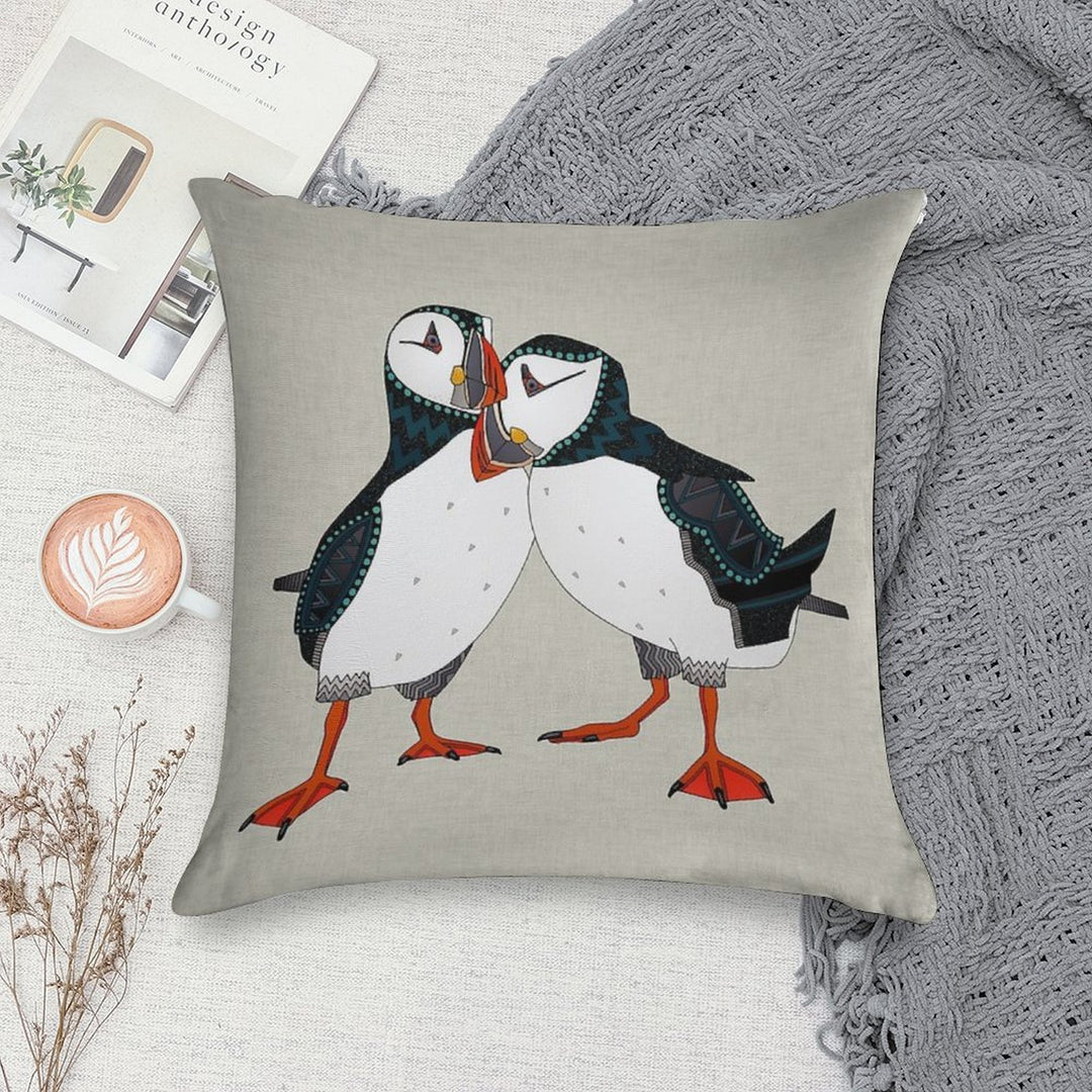 Puffin Pair Warm Grey Soft Decorative Cover Throw Pillow