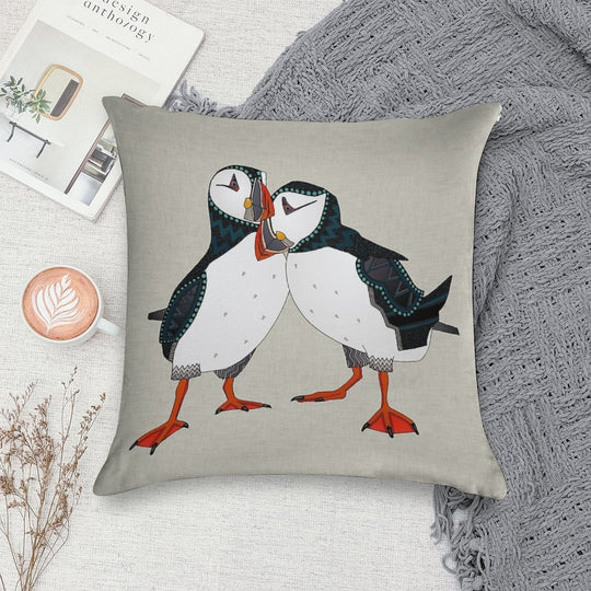 Puffin Pair Warm Grey Soft Decorative Cover Throw Pillow