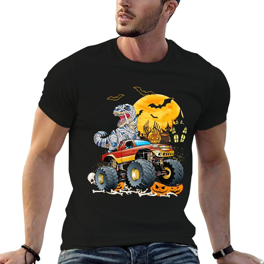 Funny T Rex Saurus Riding Monster Truck Happy Halloween  Oversized Silhouette T-Shirt