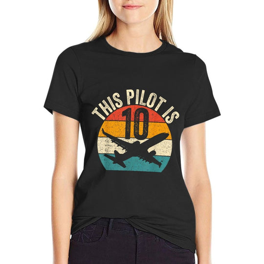 This Pilot Is 10 Aviation Airplane Retro 10th Birthday Party  Wrinkle-resistant T-Shirt