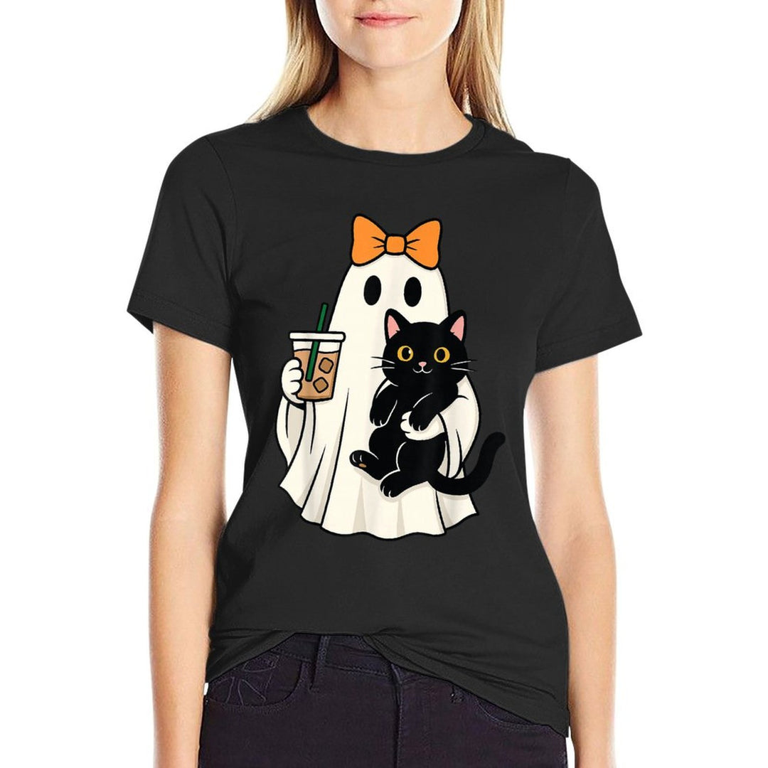 Cute Halloween Cat Ghost Drinking Coffee Ghost Women Girls  Graphic-printed T-Shirt
