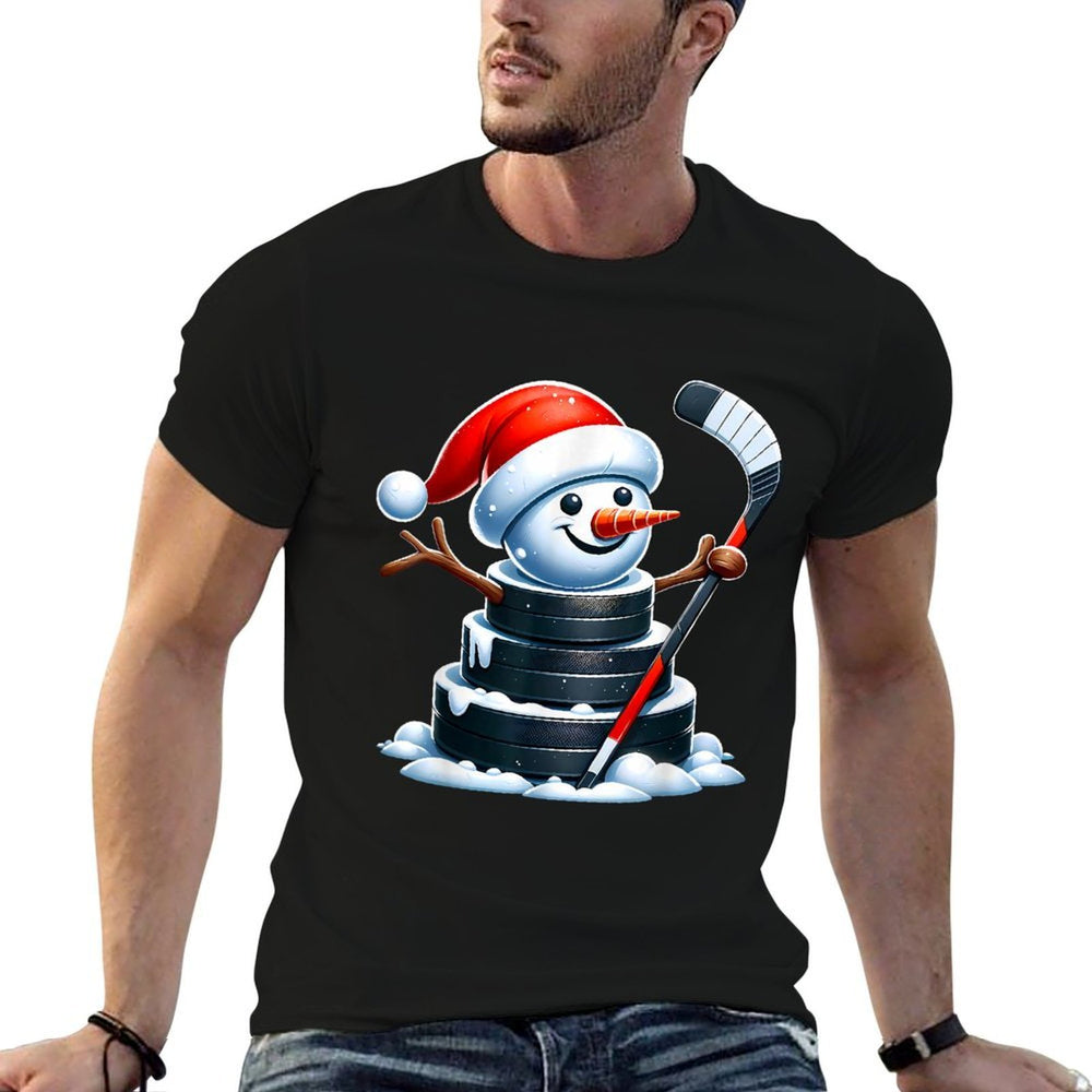 Cartoon Ice Hockey Puck Snowman with Santa Hat Christmas  Affordable Price T-Shirt