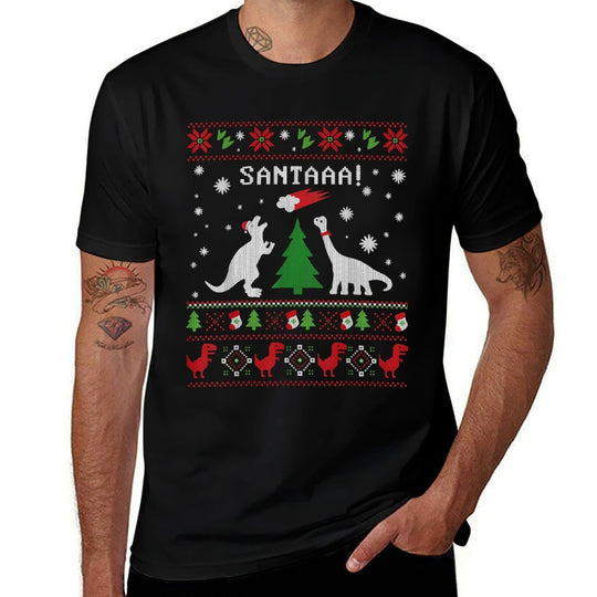 Funny Dinosaur Christmas Ugly Sweater Santa Meteor Xmas  Wrinkle-resistant T-Shirt