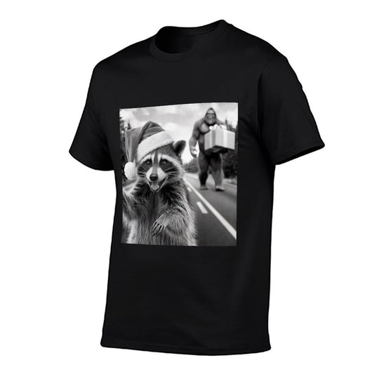 Funny Christmas Raccoon Raccoon Selfie With Bigfoot  Ribbed Collar T-Shirt