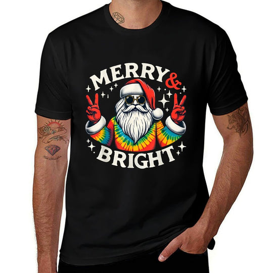 Vintage Retro Merry And Bright Hippie Santa Peace Christmas  Tagless Design T-Shirt