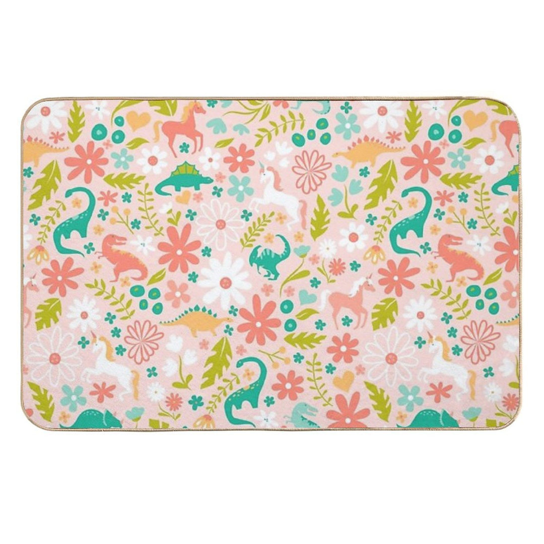 Dinosaurs + Unicorns on Pink  Rapid-Drying Bath Mat