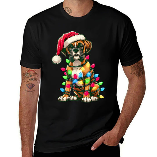 Merry Christmas Boxer Santa Christmas Lights Dog Xmas Tree Comfortable T-Shirt