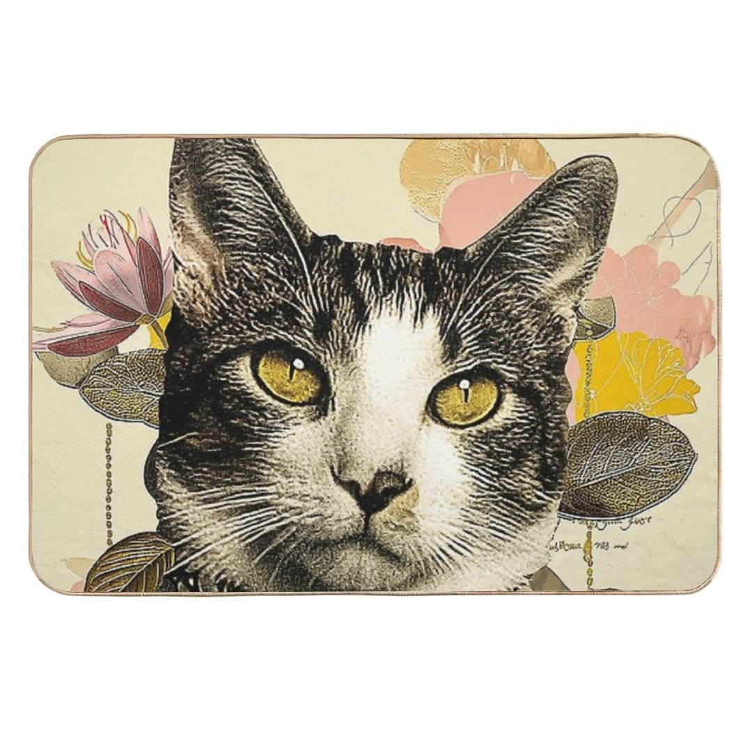 Whimsical Floral Cat Artwork Print  Anti-Trip Bath Mat
