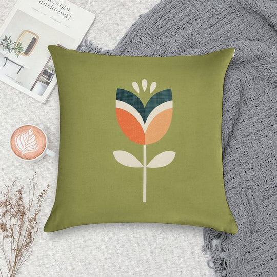 Retro Tulip - Orange And Olive Green Soft Washable Throw Pillow