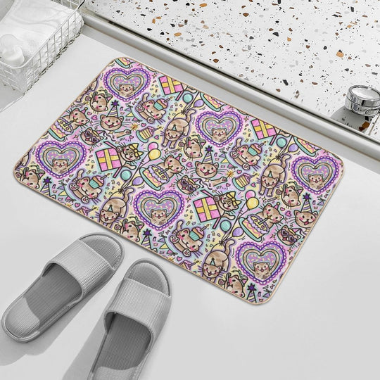 Silly Birthday Cat (shiratwig)  Fade-Resistant Bath Mat