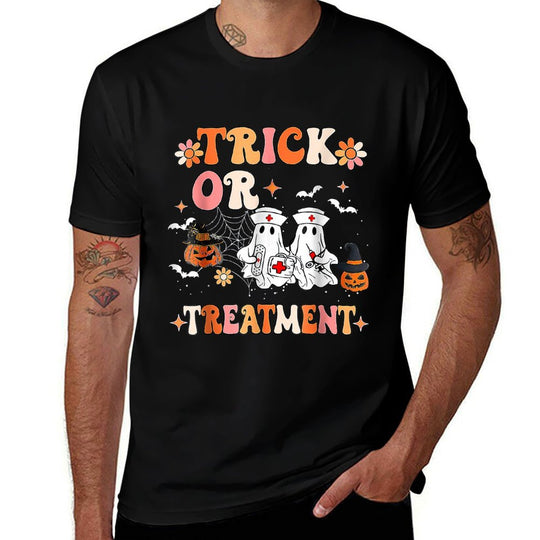 Trick Or Treatment Ghost Paramedic Halloween Nurse  Polyester Blend T-Shirt