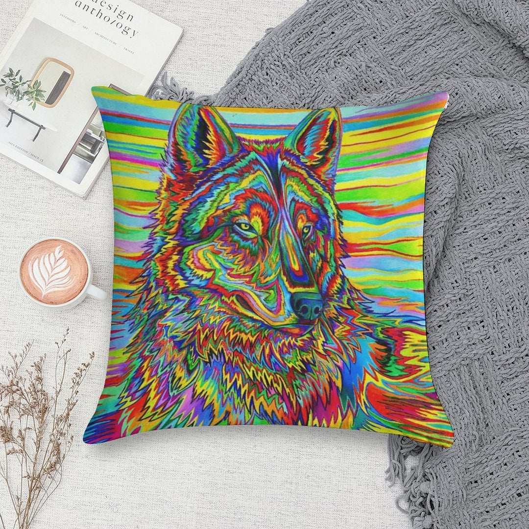 Colorful Psychedelic Rainbow Trippy Wolf Soft Decorative Cover Throw Pillow
