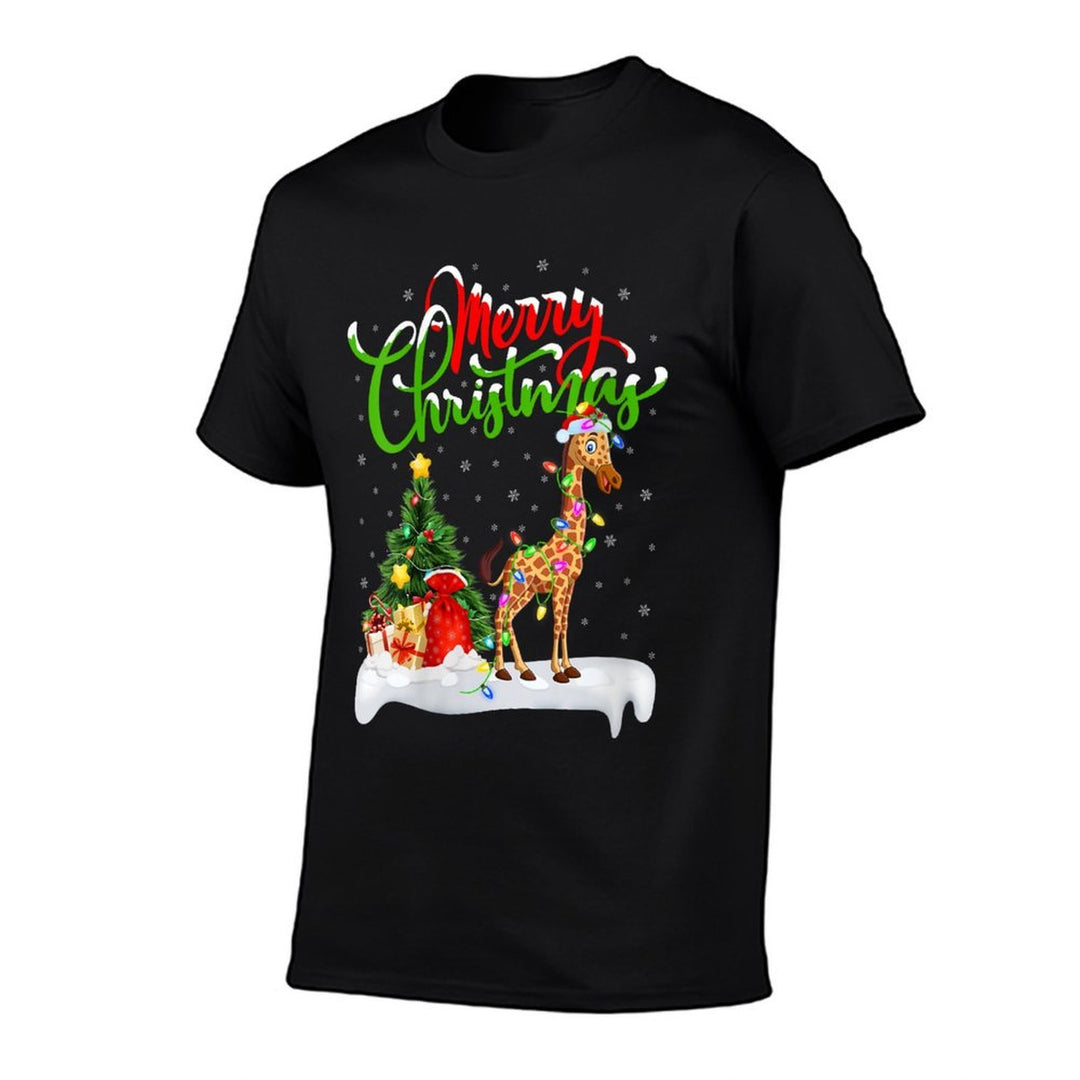Womens Xmas Tree Lighting Santa Hat Giraffe Christmas  Rolled Sleeves T-Shirt