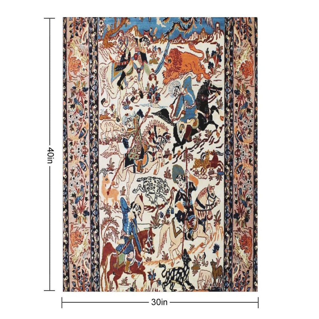 Blue Antique Persian Isfahan Silk Rug with Flowers Animals Print Anti-pilling Throw Blanket