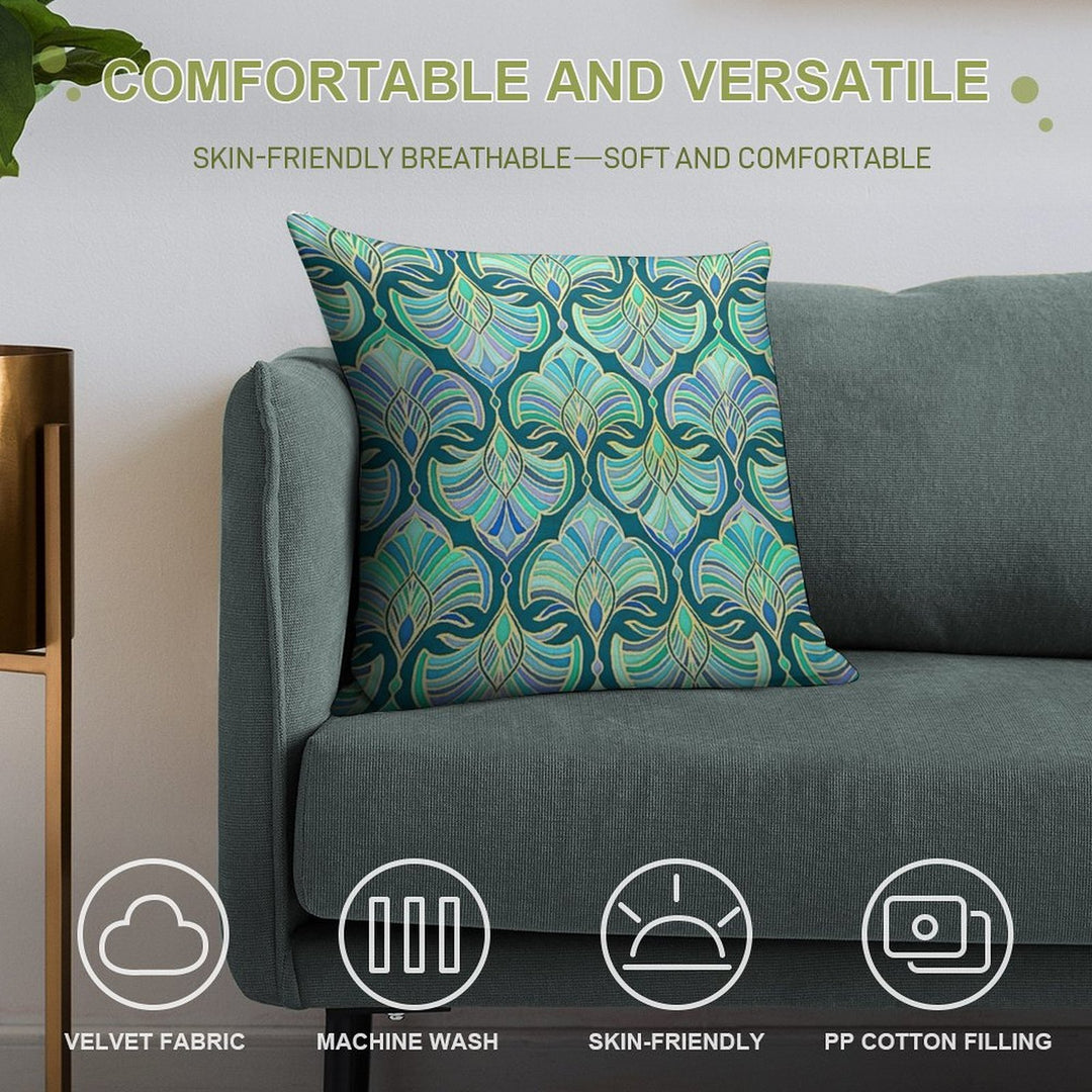 Dark Teal, Emerald And Blue Art Deco Fans Soft Warmth Comfort Throw Pillow