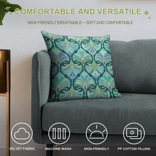 Dark Teal, Emerald And Blue Art Deco Fans Soft Warmth Comfort Throw Pillow