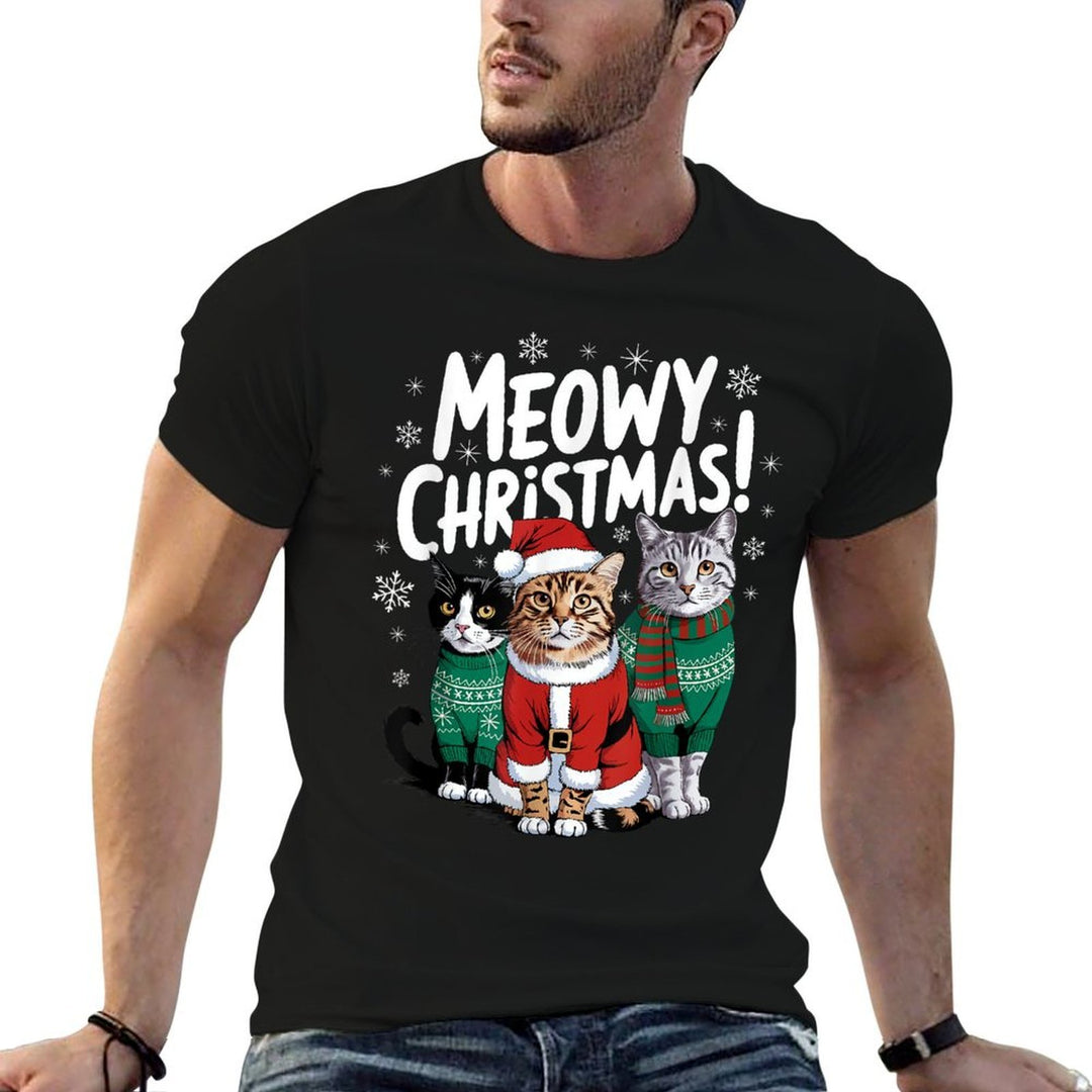Meowy Christmas Funny Cat Christmas Holiday Xmas Santa Hat for Men Women Kids  Wrinkle-resistant T-Shirt