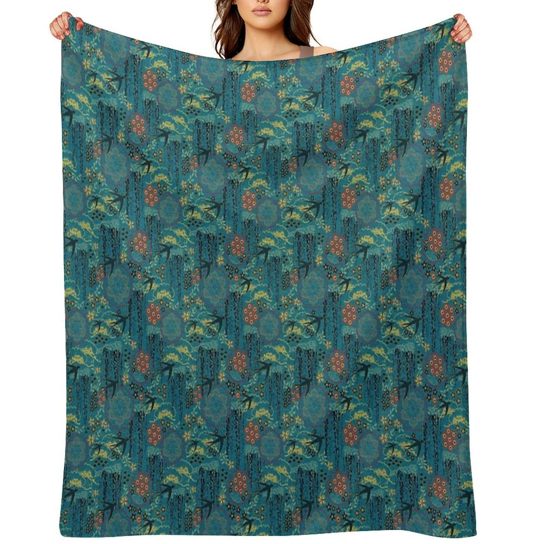 Japanese Garden in Teal Gold Red And Black Wrinkle-free Throw Blanket