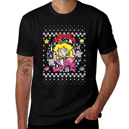 Super Mario Classic Ugly Christmas Peach Graphic  Rolled Sleeves T-Shirt