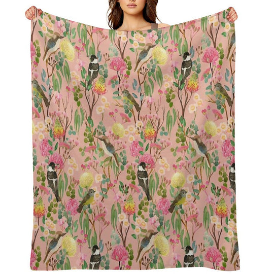 Australian Birds And Blooms Native Flora Chinoiserie Velvety-soft Throw Blanket