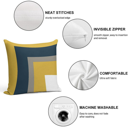 Half Frame Minimalist Geometric Pattern in Mustard Yellow, Navy Blue, Grey, And White Soft Skin-Friendly Throw Pillow