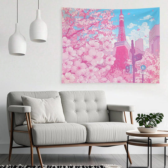 Tokyo Tower & Cherry Blossom (Corrected Colors) Tapestry