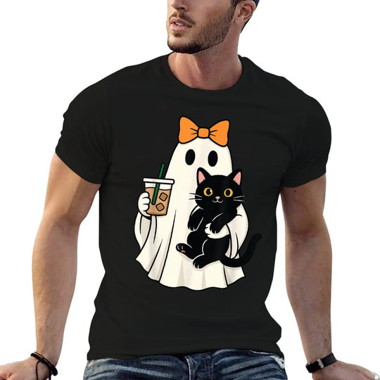 Cute Halloween Cat Ghost Drinking Coffee Ghost Women Girls  Graphic-printed T-Shirt