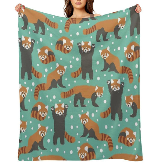 Cute Red Panda Pattern with White Dots And Turquoise Background Premium Throw Blanket