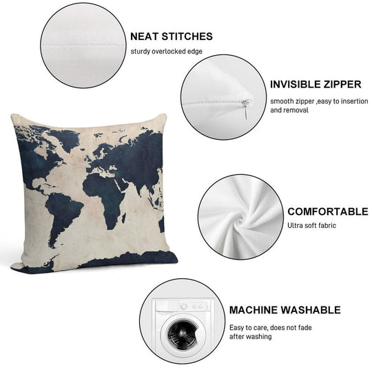 World Map Distressed Navy Soft High-Density Material Throw Pillow